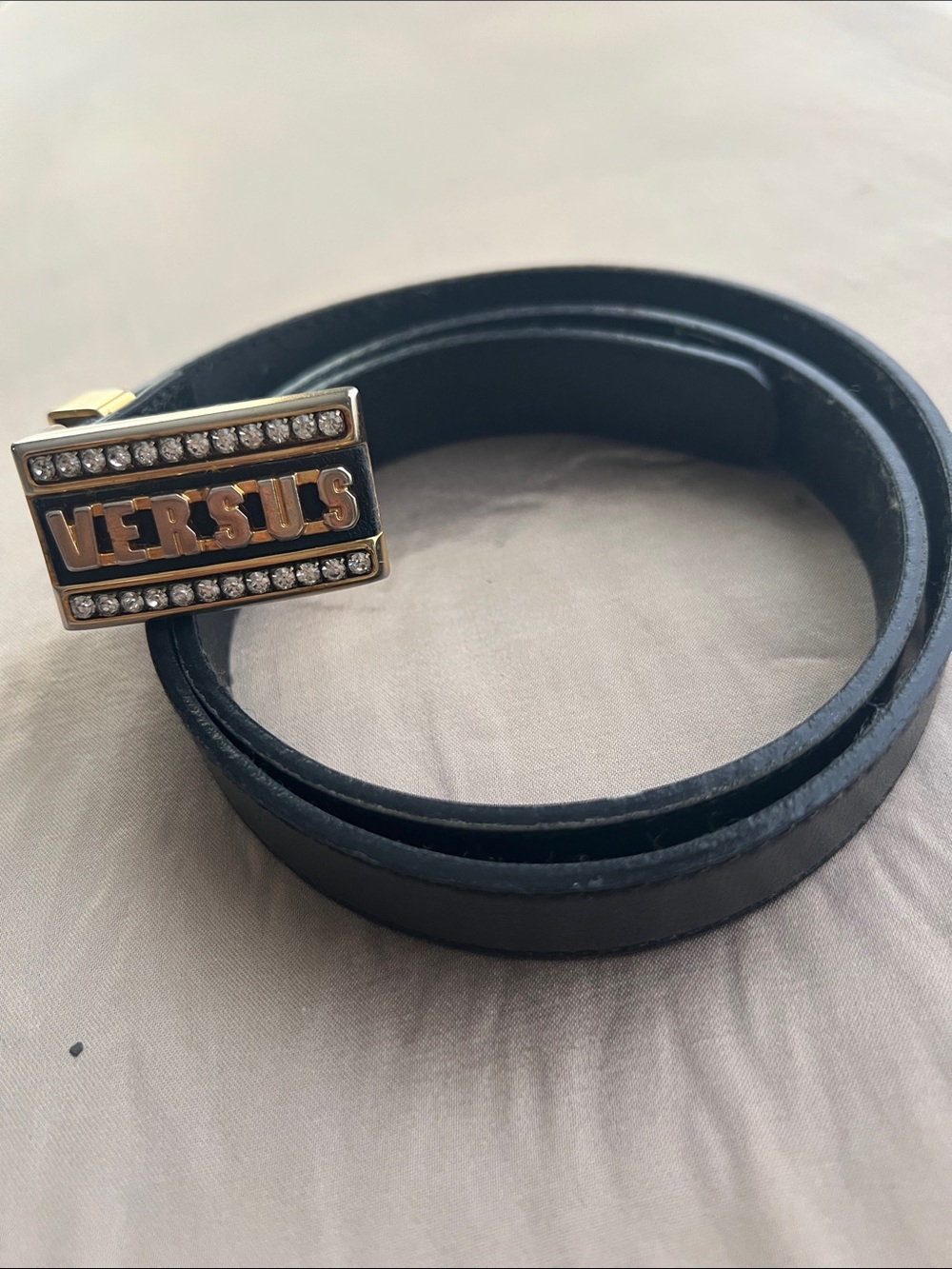 Versus By Versace Black Leather Belt with Gold-Tone Logo Buckle and Crystals - Picture 13 of 13